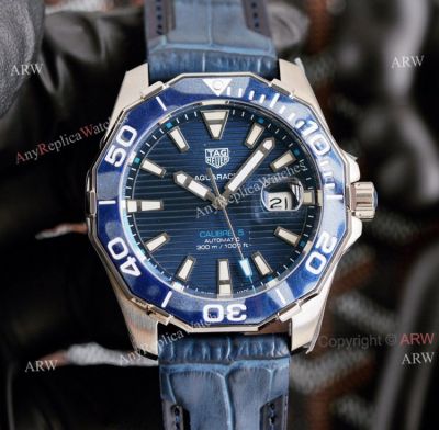 Copy Tag Heuer Aquaracer Blue Face 43mm Tag Heuer Mens Watch Leather Strap Watch Automatic Good Quality